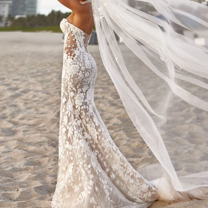 Luxo champanhe dubai árabe sereia vestidos de casamento applique rendas miçangas tull tribunal trem vestido de casamento vestidos de noiva