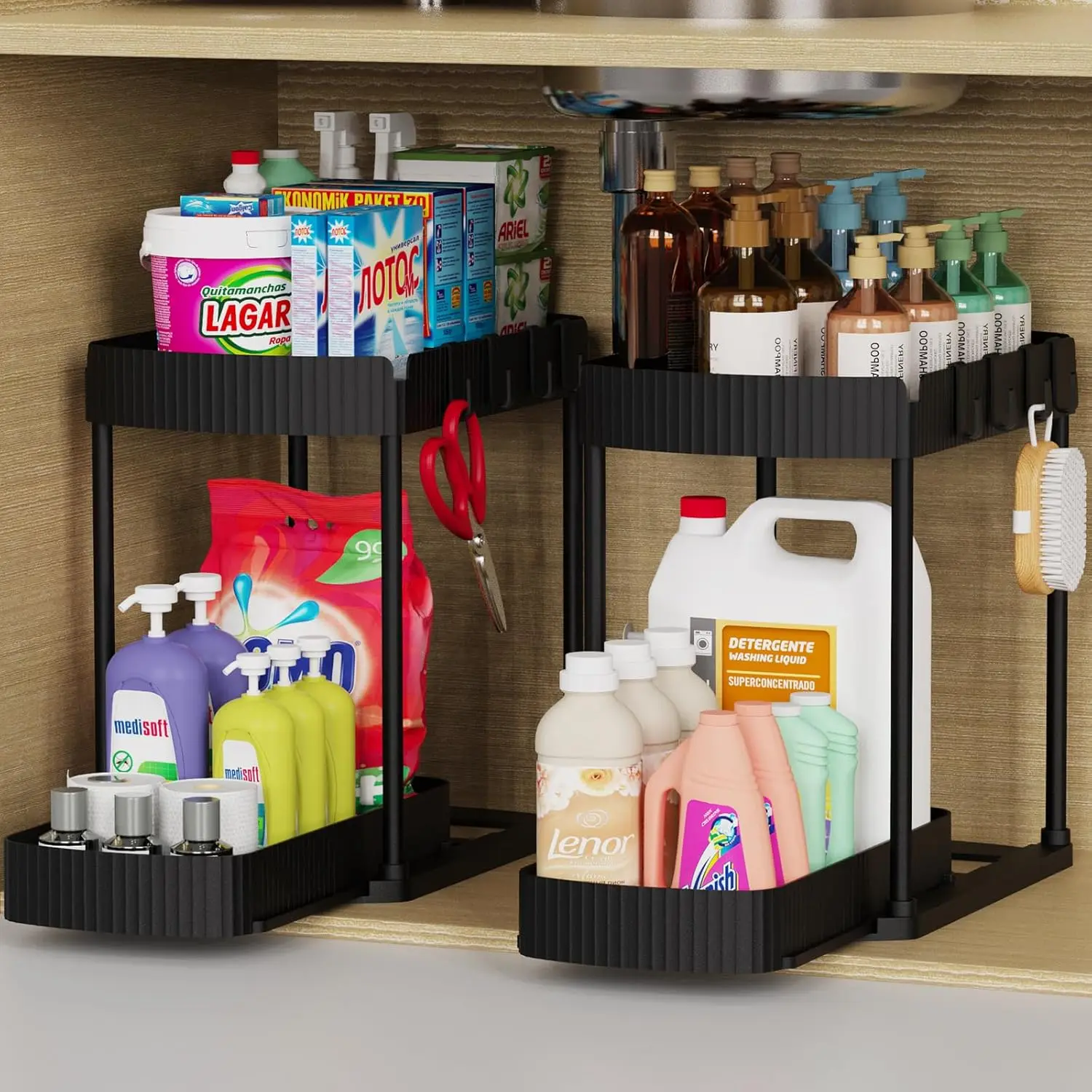

2 Pack Multi-Purpose Pull-Out Storage Organizers, Under Sink Organizers and Storage for Bathroom & Kitchen, Under Cabinet Org