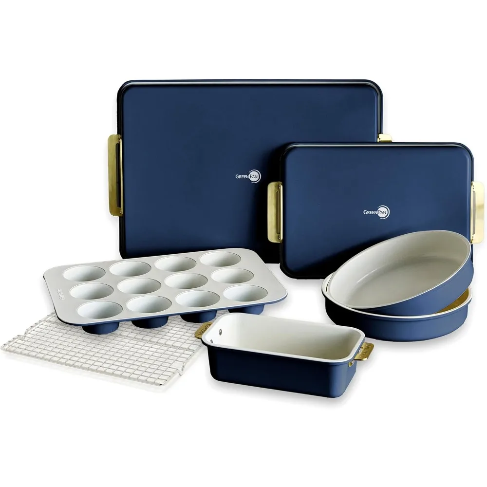 

GreenPan Bakeware Set, 7 Piece Nonstick Ceramic Gold Handle Baking Sheets, Cake Pans, Loaf Pan, Muffin Tin, Cooling Rack, PFAS &