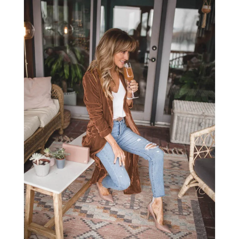 Women Trench Casual Full Sleeve Cardigan Long Coat Solid Loose Spliced Elegant Lady Jackets Outwear Autumn Slight Strench