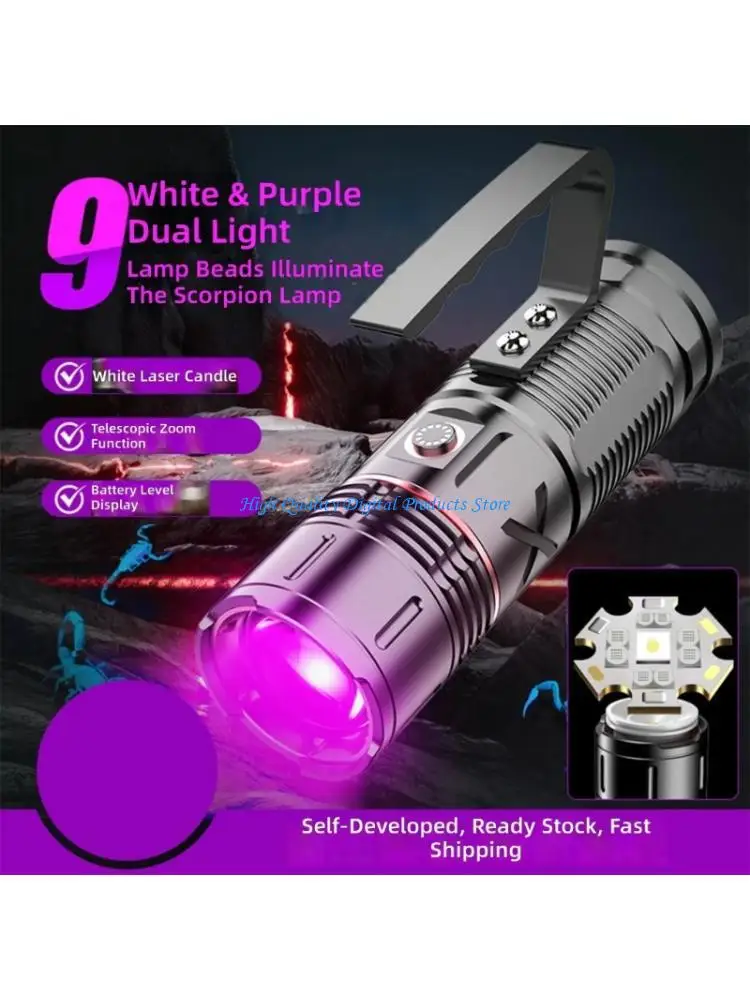 U2JE Aluminum Double Light Flashlight Rechargeable Type C Torch with Color Inspection Mode Telescopic Enlarge for Night Hiking