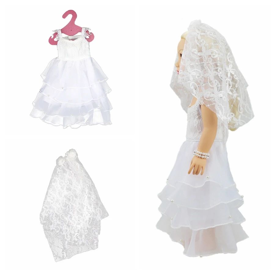 

Doll Cloth White Lace Wedding Dress+Veil For 18 inch Generation American Doll Gift for Girls Doll Accessories Free Shipping