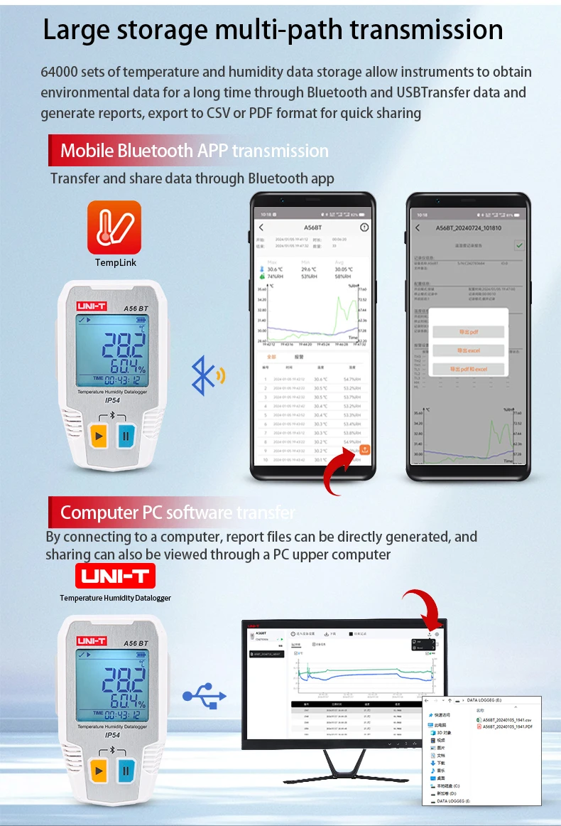 Uni-t-bluetooth温度および湿度センサー、64000のストレージ、湿度測定データ、bt、a56