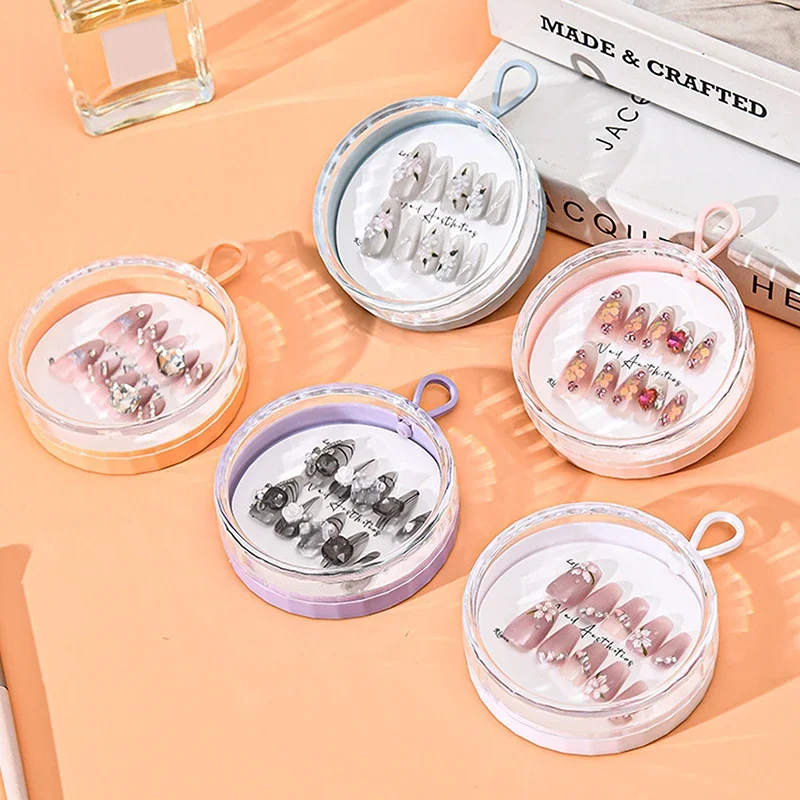 1/6 PCS Empty Press-On Nail Storage Plastic Round Shape Boxes With Lanyard Clear Nail Packaging Case Storage Tool Accessories