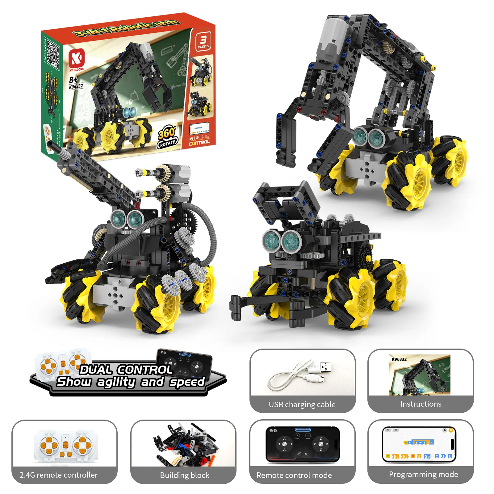 3 in 1 Robot Arm Building Block Brick Set, STEM Robotics Kit with RC&App Control, 360° Rotating Claw, Toys for Boys Ages 8-14