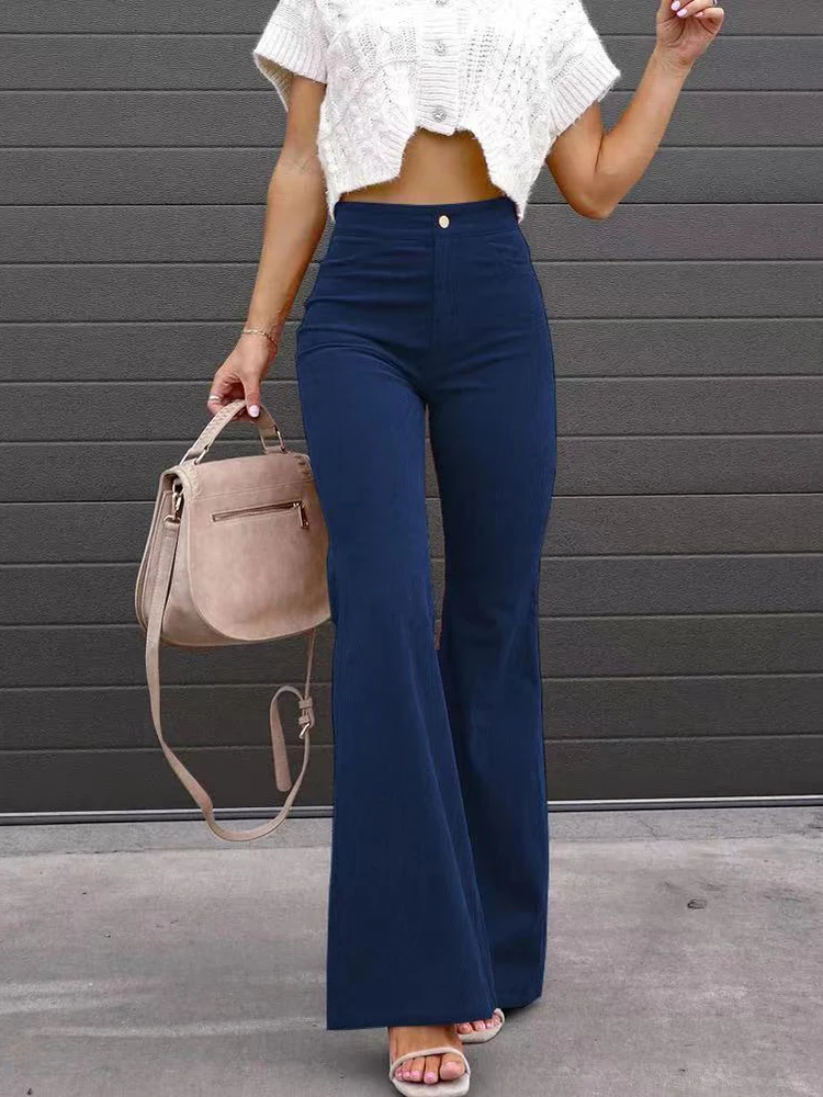 Women Autumn Winter Vintage Corduroy Solid Wide Leg Pants Casual Slim Fit Ladies Pocket Trousers Streetwear Fashion Female Pants