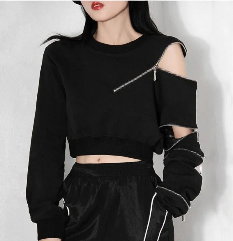 Cropped Sweatshirts Fashion Hoodies Women O-neck Zipper Goth Pullovers Y2k Hollow Out Sexy Korean Sweatshirt Kpop Ropa Mujer 후드티