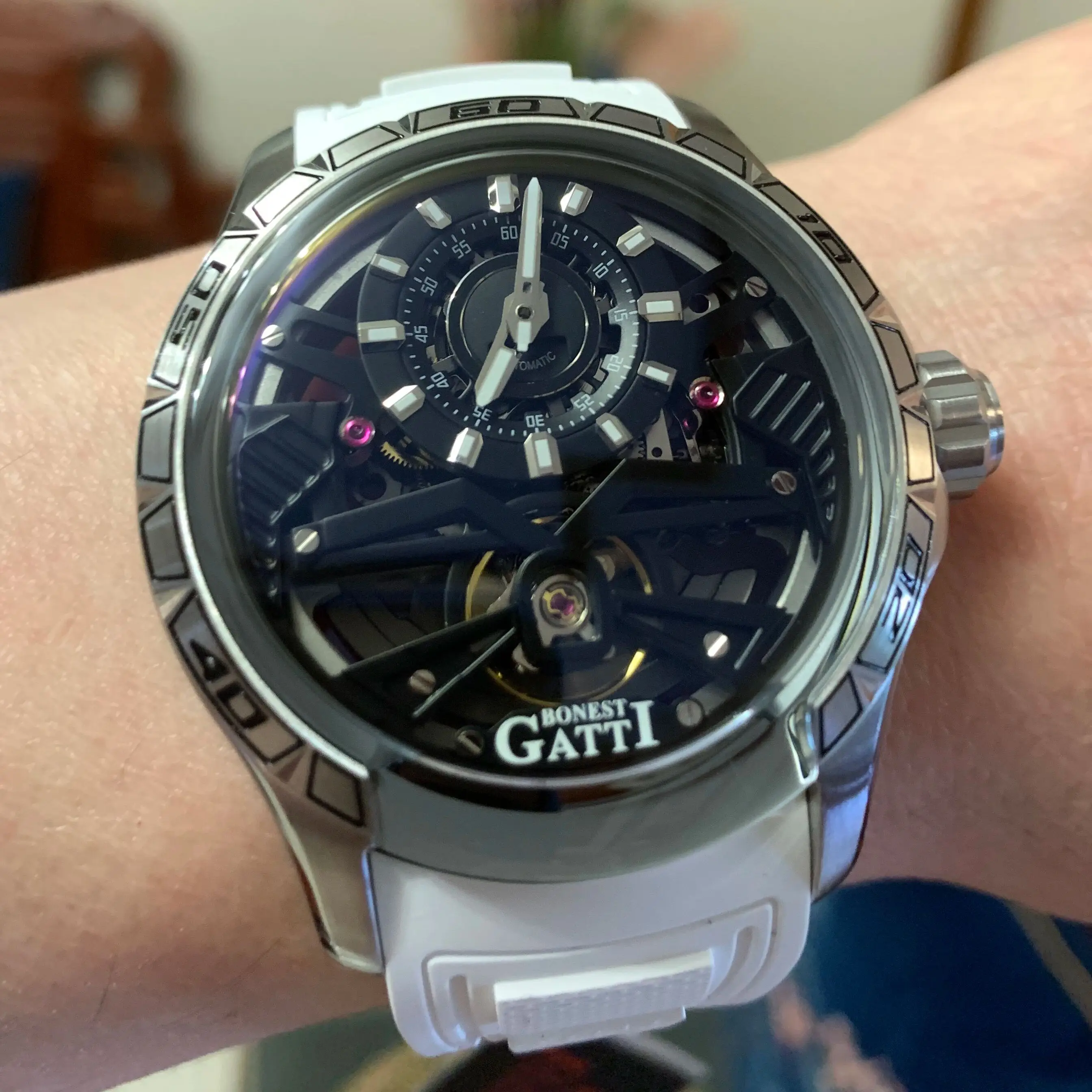 BONEST GATTI Men Automatic Watch 44mm Mechanical Wristwatch Luminous Skeleton Dial 50m Waterproof Sapphire Mirror FKM Strap