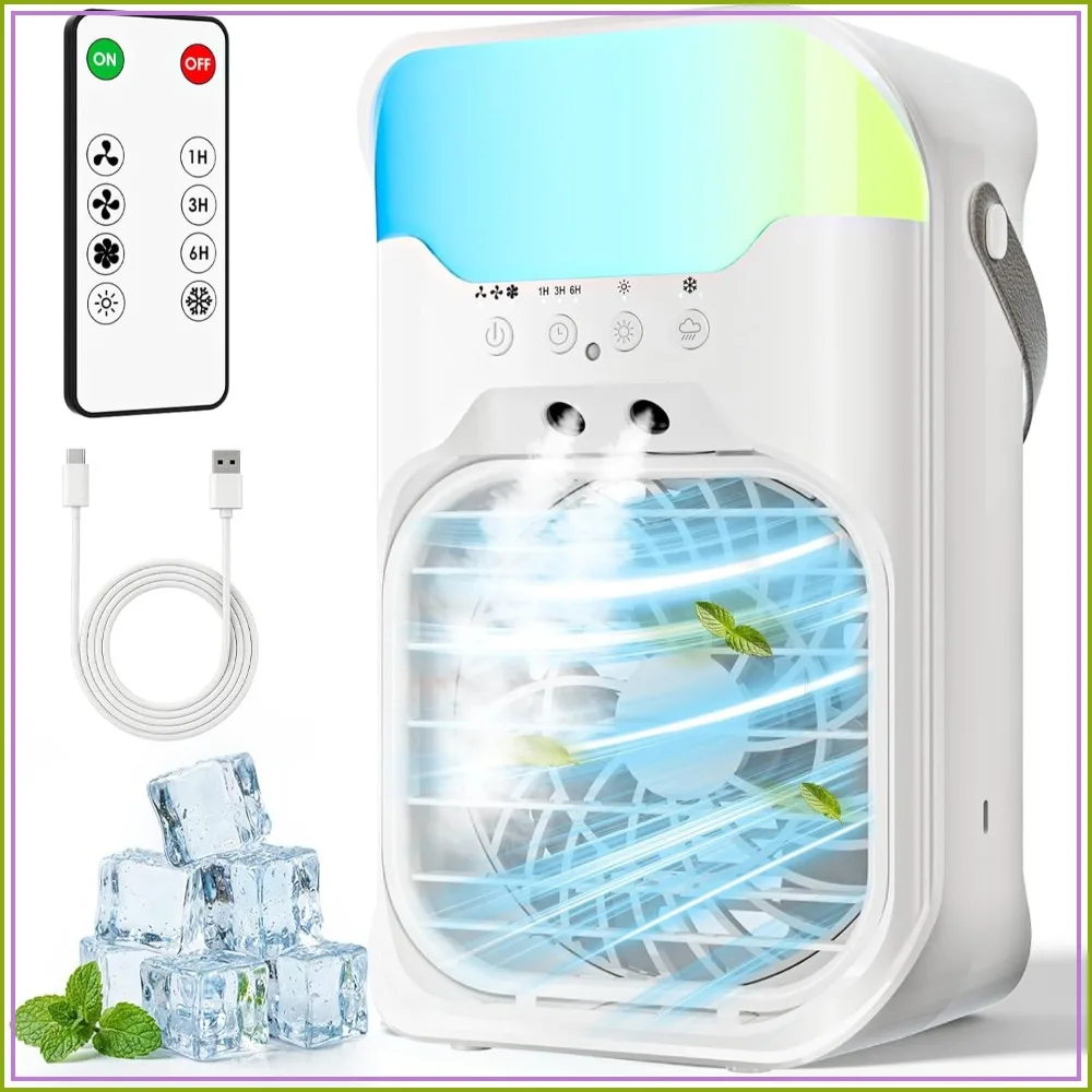 

4-in-1 Portable Air Conditioner: 2.3s Cooling, 1600ml Tank, 10 Color Light, Remote Control for Room, Car, Office, Outdoor