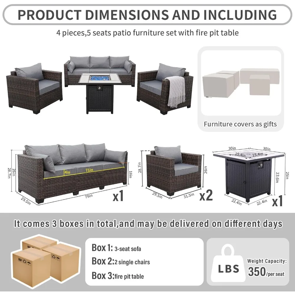 Patio Rattan Furniture Set 4-Piece Outdoor PE Wicker Conversation Couch, Brown Sectional Sofa Couch with 50,000BTU Adjust