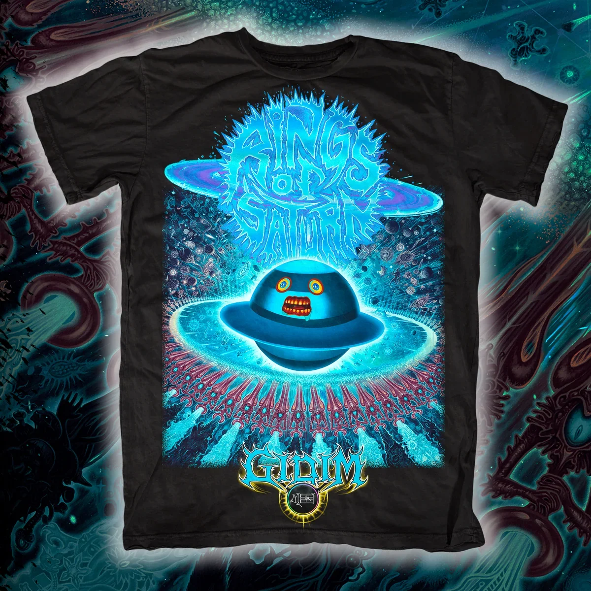 Rings of Saturn Interstellar Energy Entity Cosmic Galaxy Artwork Print T‑Shirt, Adopts Dreamy Psychedelic Blue‑purple Neon