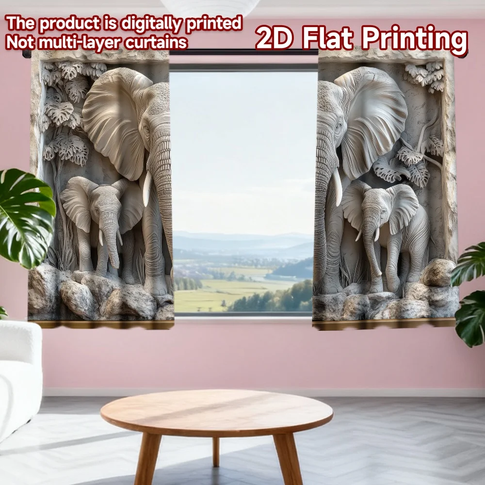 

2D flat printing 2pcs Window Curtains Elephant Family Relief Sculpture Digital Printed Polyester Drapes Festive Wall Decor