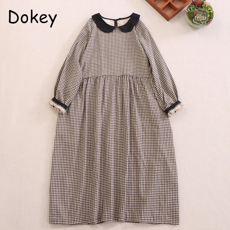 Vintage Doll Collar Cotton Linen Plaid Dress Women Japanese Mori Girl Long Sleeve Mid Dress Casual Loose Oversized Sundress Robe