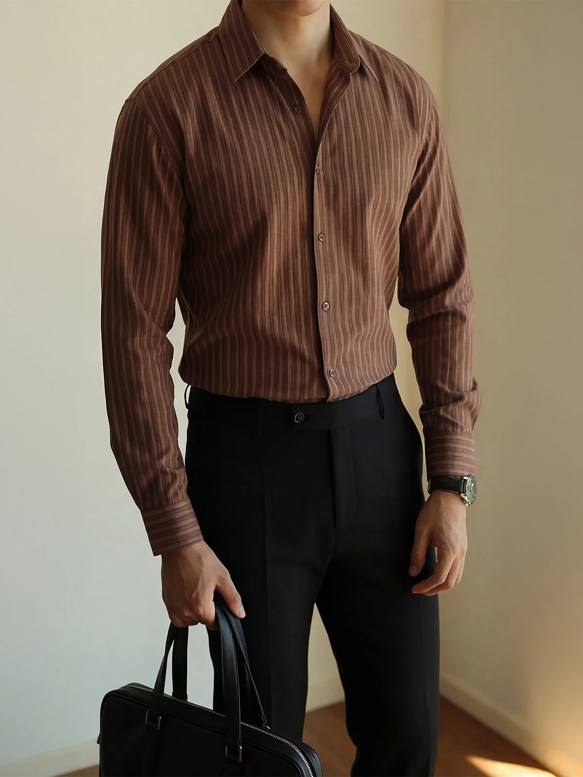 

American Sle Busin Commute Brown Stripe Long Sve irt Men's Classic Iron Free irt Loose Fit Youth Trend ular