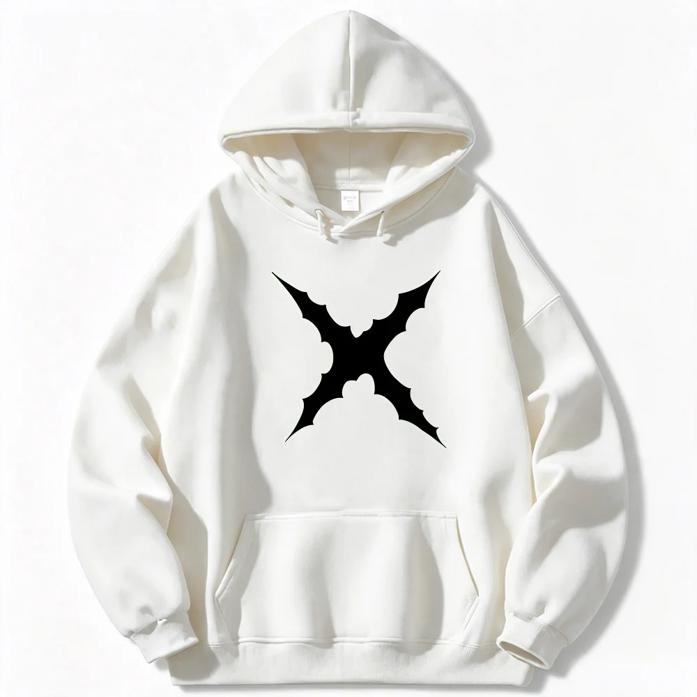 White Abstract X Shape Graphic Hoodie Unisex Drawstring Hooded Sweatshirt Kangaroo Pocket Oversized Casual Street Top
