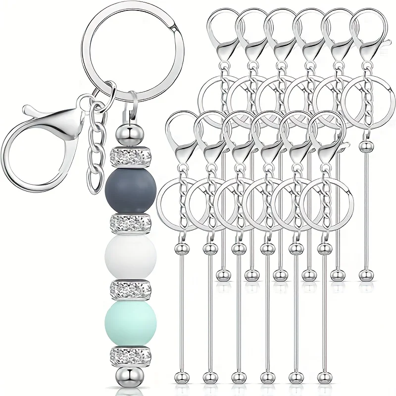 12pcs Detachable Iron Keychain Set Silvery Beaded Keychain Bag Pendant, DIY Beadable Keychain Strip, Keychain Crafting Supplies, Unique and Creative Gift Accessories