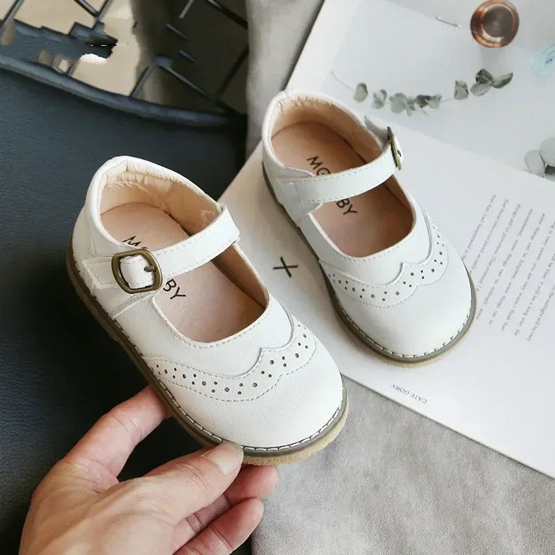 New Kids Shoes Children Princess Shoes Baby Girls Beige Leather Shoes Toddler Fashion Flats Soft Sweet Shoes Party