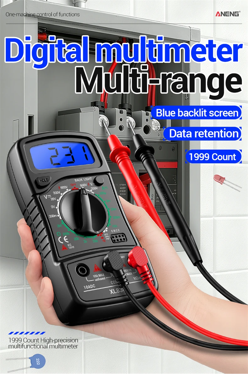 ANENG XL830L LCD-Hintergrundbeleuchtetes Multimeter 1999 Messungen 600V AC/DC Spannung DC 10A Strom Widerstand Dioden HFE Detektor mit Datenhaltefunktion – Detail 1