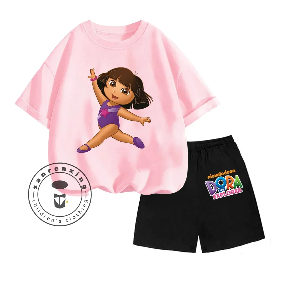 2024 Dora The Explorer Animated Cartoon Print Design O-neck Short Sleeve and Shorts Two-piece Suit for Children 3-14 Years Old