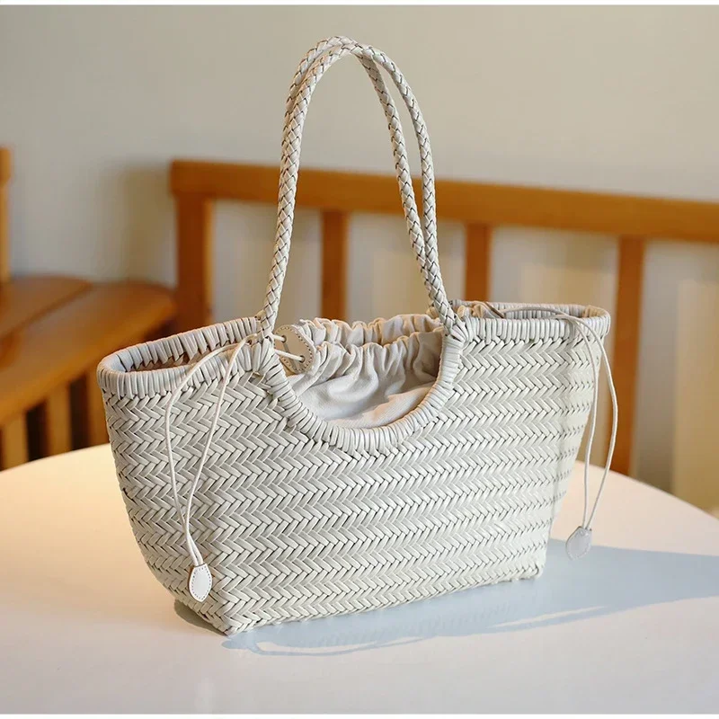 Rattan-Geflecht-Shopper-Korb-Tragetasche für Damen, französische Vintage-Handgewebte Schultertasche, große Strand- und Urlaubshandtasche – Detail 11