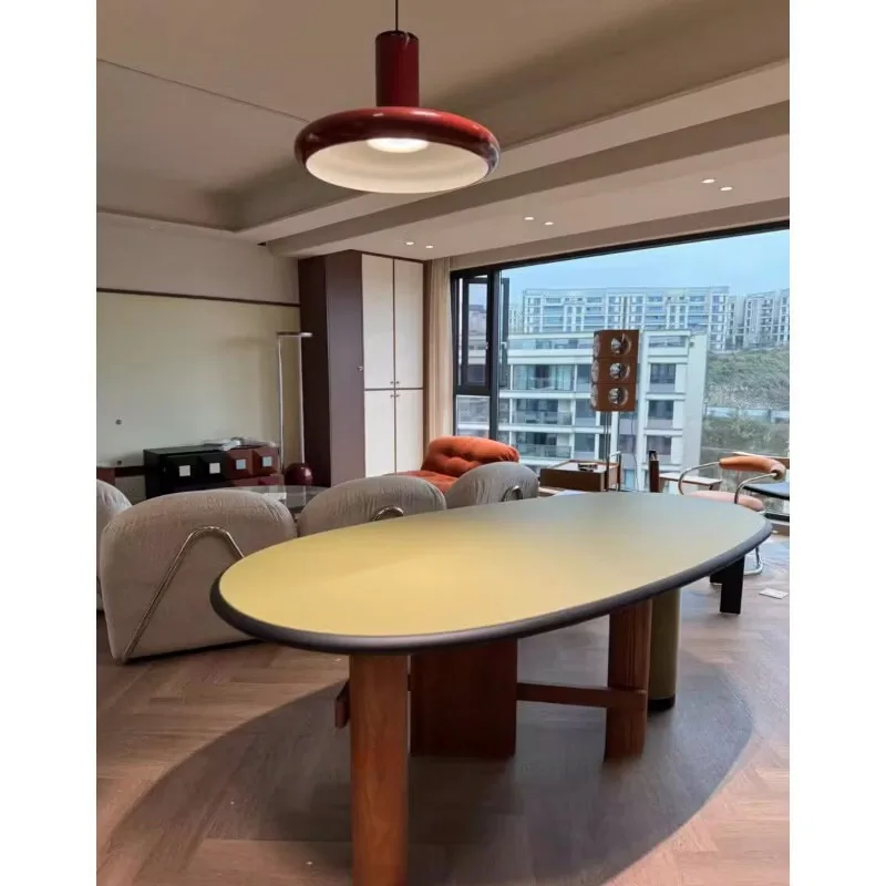 Living room oval solid wood design round table for home use, fruit green + wood grain color