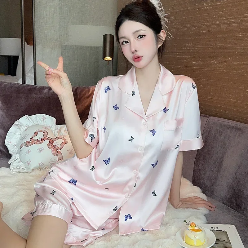 Pyjamas Summer Women's Suit New Thin Ice Silk Home Soft Simple Cool Thin Comfortable Loose Casual Temperament Breathable Sweet