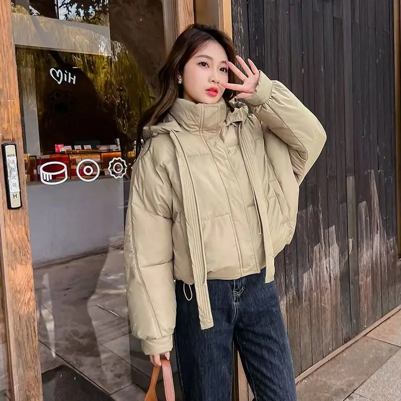 In The Winter Of 2024 New Cotton-padded Jacket Women's Ultra-short Hooded Thickened Loose Little Ribbon Cotton-padded Coat Tide