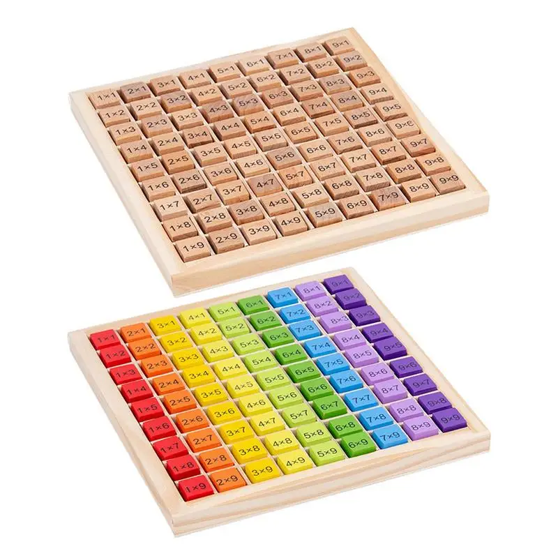 Juego de mesa de multiplicación de madera, manipuladores de multiplicación coloridos, juguete de doble cara, 100 bloques de madera, tiempos matemáticos de madera