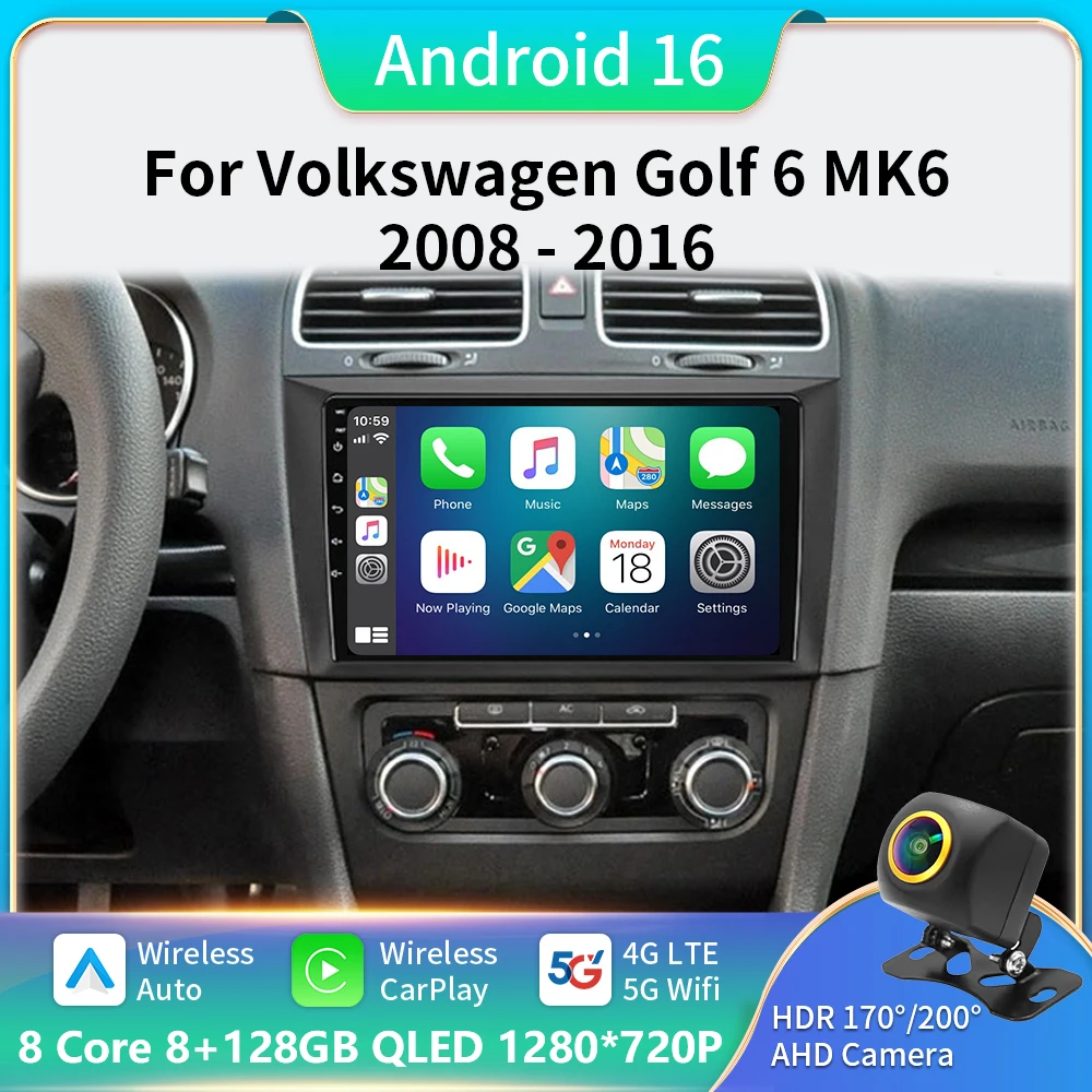 راديو السيارة لسيارة Volkswagen VW Golf 6 MK6 GTI 2008-2016 Carplay اللاسلكي أندرويد 16 راديو تلقائي للسيارة الوسائط المتعددة 5G DSP 48EQ 2 Din DVD