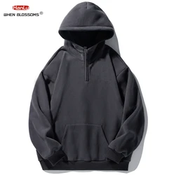 HANLU Half zipper Thick Fleece Hooded Sweatshirt For Men Autumn Winter Warm Solid Color Pullover Trendy Brand Hoodie Coats