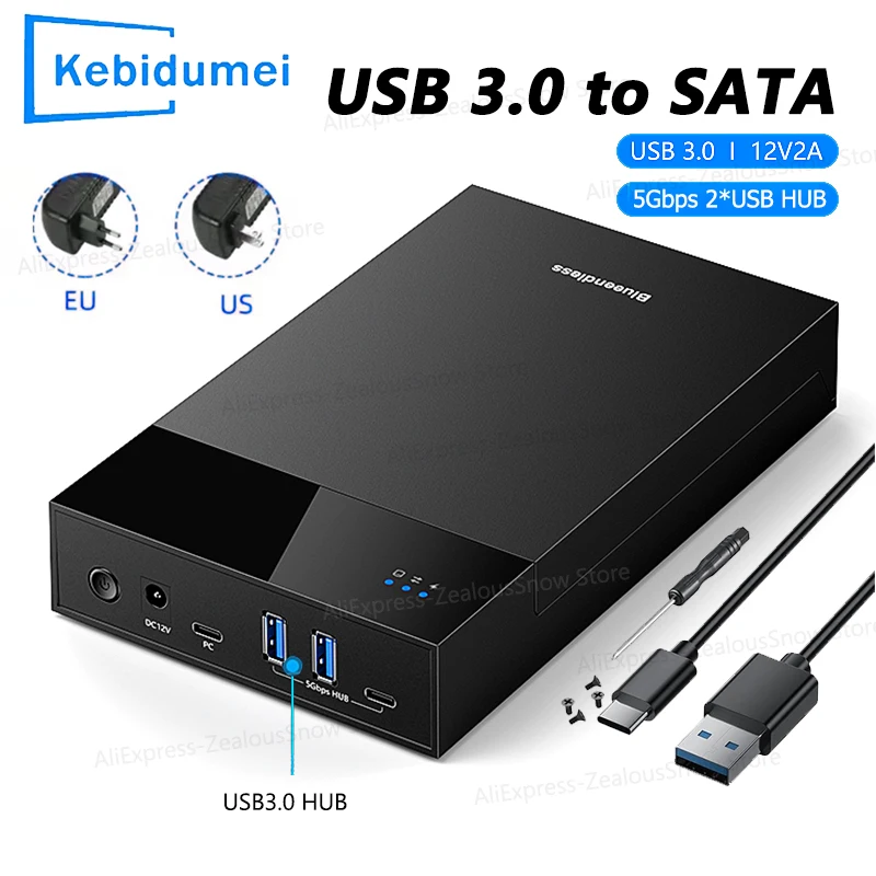 

External Hard Drive Enclosure for 3.5 2.5 Inch SATA SSD HDD 2*USB3.0 Multi-Port Hub with 12V Power Adapter Support Up to 20TB