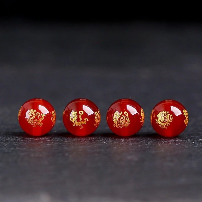 Red Agate Four Divine Beasts Gold Plated Round Beads