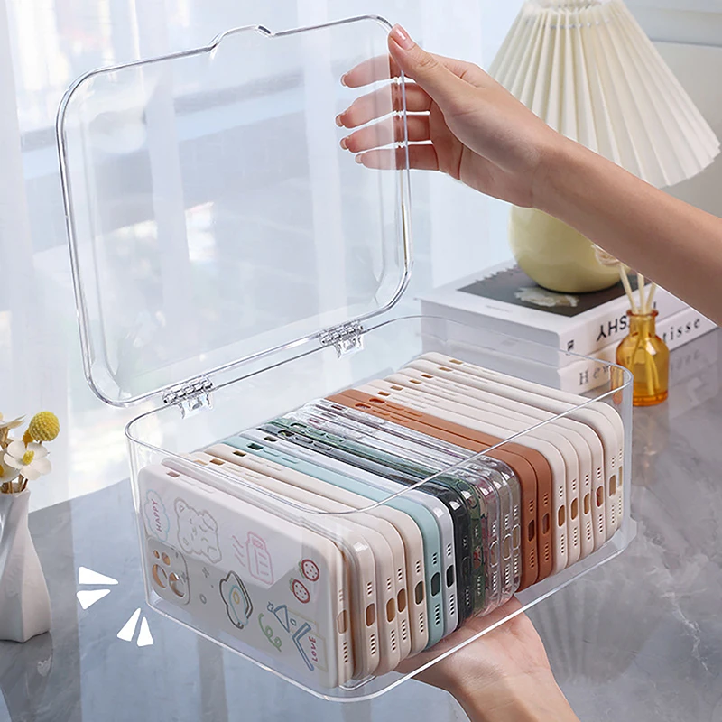 Acrylic Sundries Storage Basket Phone Case Holder Ins Transparent Phone Case Organizer Storage Box with Cover Home Desktop