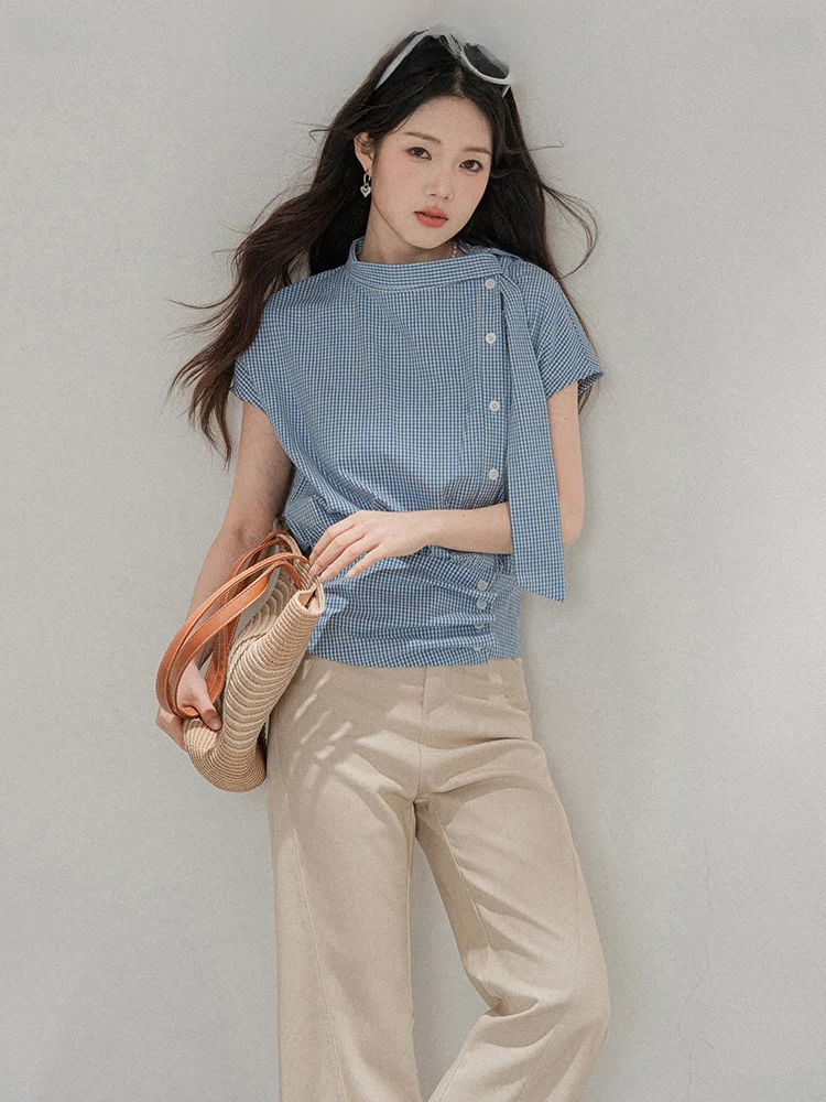 

Женская асимметричная блузка Loveheynew с поясом и клетчатым узором, приталенная, красивая, в корейском стиле, из смесового хлопка, с коротким рукавом