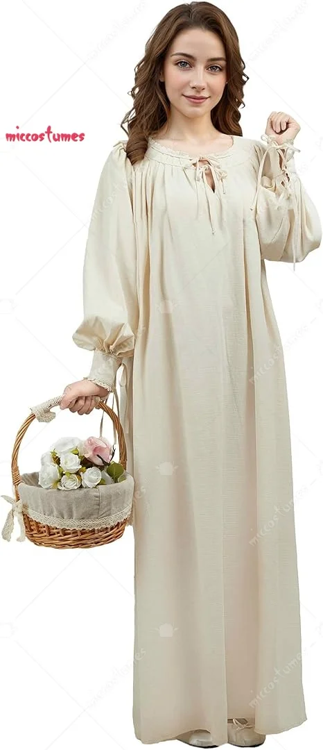 

miccostumes Women's Medieval Underdress Long Sleeve Linen Blend Renaissance Tunic Dress Peasant Dress Cosplay Costume Halloween