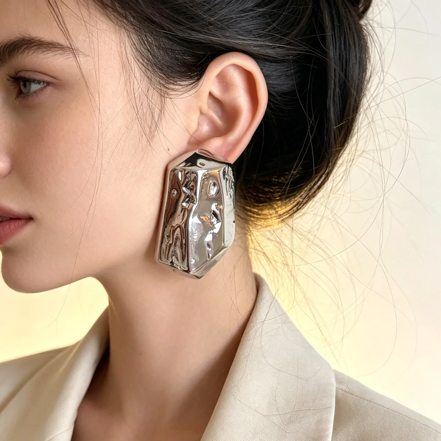 Poplar woods retro old irregular texture geometric gold block stud earrings women's exaggerated heavy industry angular square ea