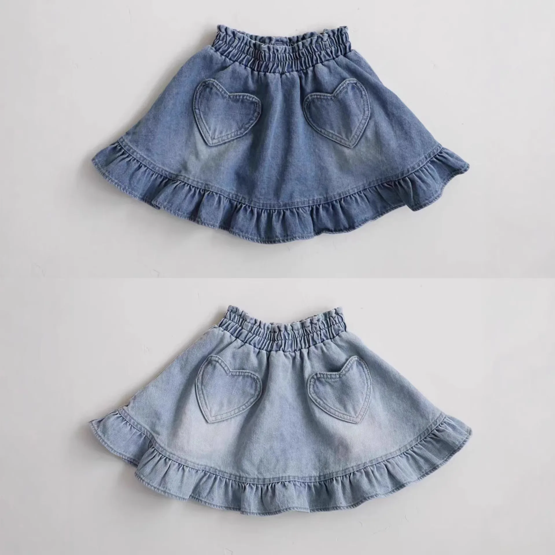 

2026 Summer New Girls Denim Skirts Solid Cute Baby Girl Heart Skirt Kids Ruffle Pleated Princess Tutu Skirts Toddler Pettiskirt