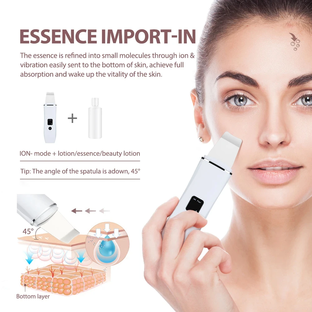 Ultrasone Huid Scrubber Mee-Eter Verwijderaar Gezichtsreiniger 4 Modi Peeling Schep Face Lifting Tool Ems Spatel Diepe Reiniging