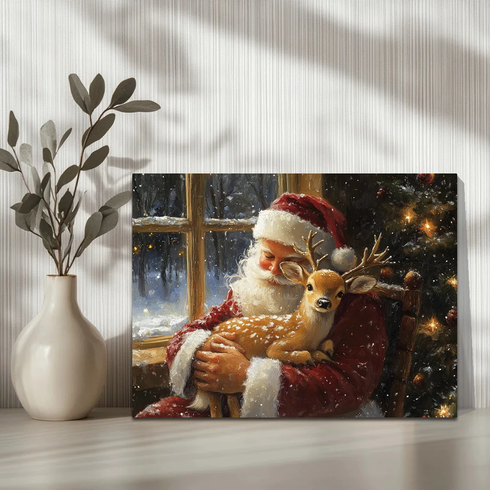 1pc,Santa Claus Is Holding A Cute Little Deer, And It's Snowing Outside The Window C, Modern Canvas Wall Art, Framed, 16x12inch