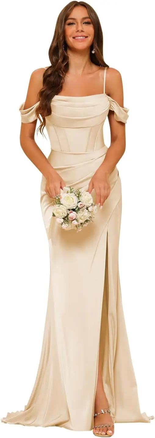 

Темпераментное атласное платье подружки невесты с открытыми плечами, длинная юбка «рыбий хвост», облегающее с разрезом, женское бальное платье, торжественное женское платье