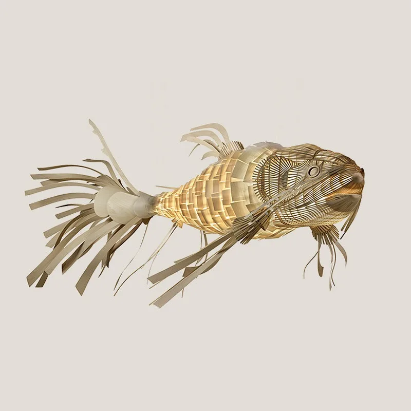 New Chinese fish chandelier, restaurant hotel art carp lamp, hot pot restaurant restaurant hand-woven veneer woven lamp