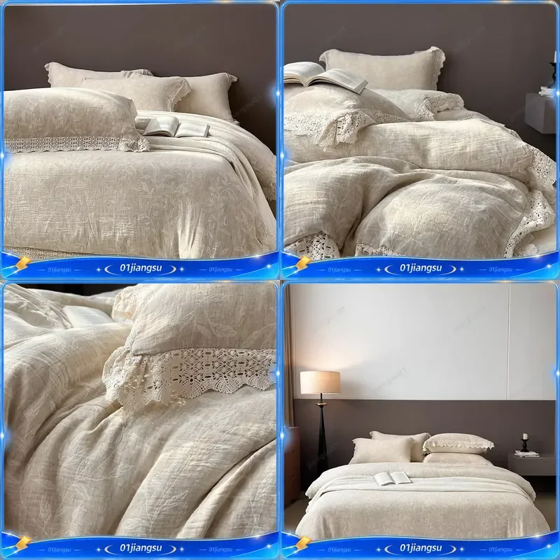 Natural Linen Cotton French Vintage Jacquard Hollow Lace Princess Bedding Set 4Pcs Duvet Cover Fitted Sheet Pillowcase Home