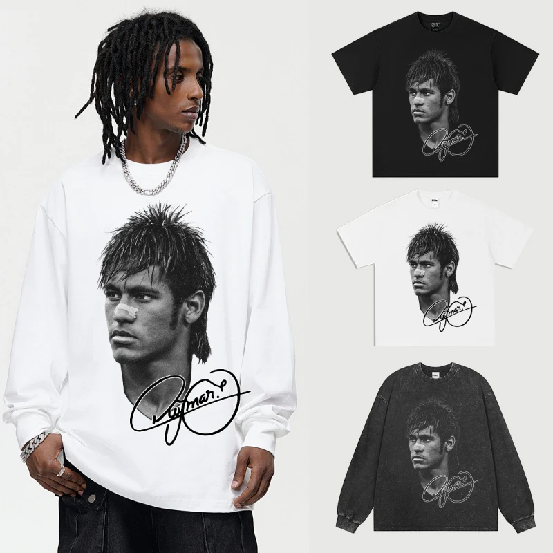 Neymar Football Superstar Short Sleeve T-shirt Men's Top Distressed American Pure Cotton Oversized Harajuku Streetwear Top Tees