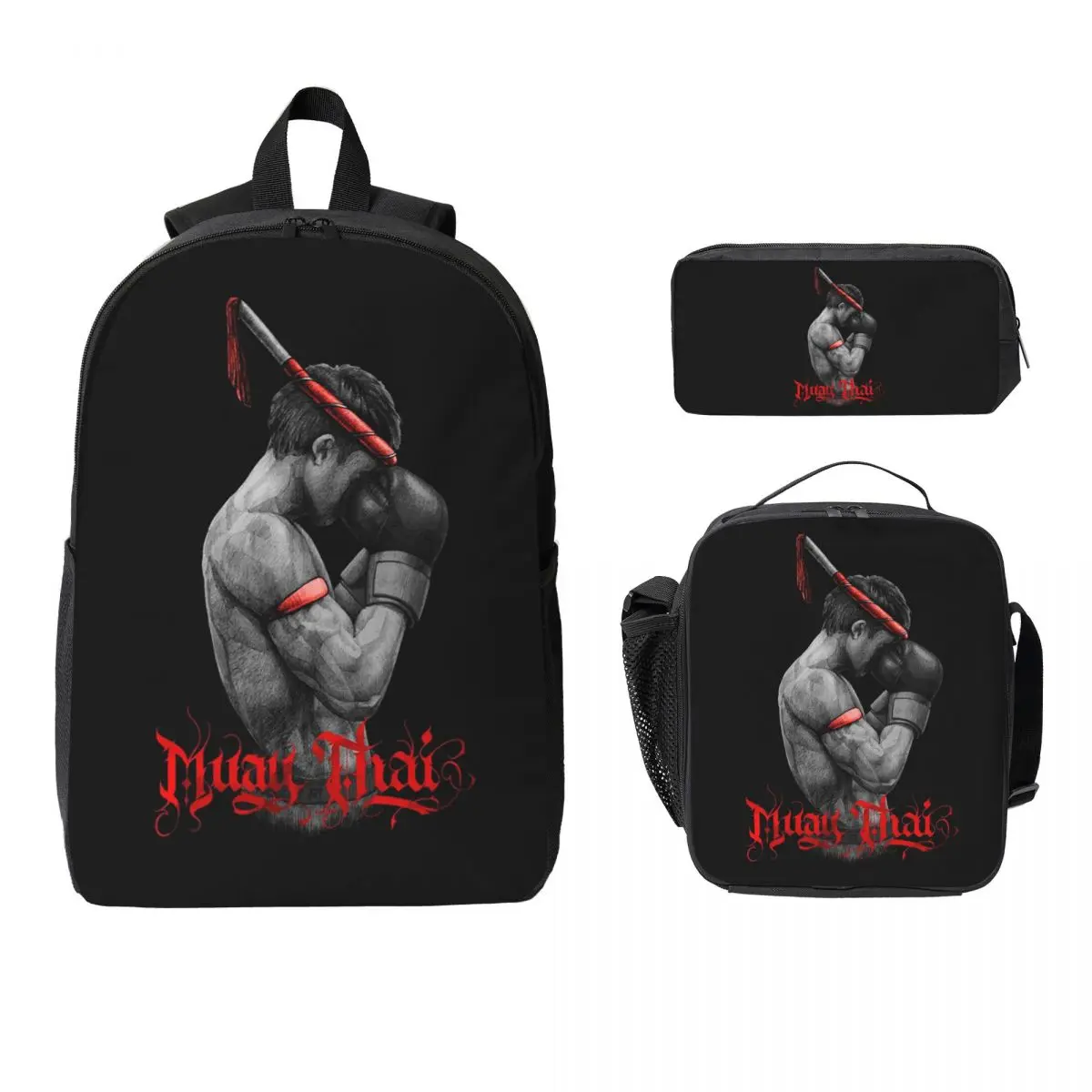 Muay Thai Boxing Fighter Backpack Student BookBag School Bag Computer Shoulder Bags 3ps Insulated Lunch Bag Pencil Case