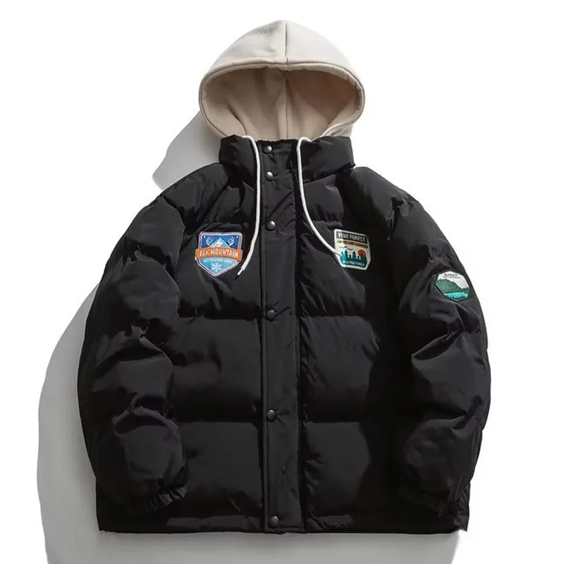 Harajuku gepolsterte Jacken Parkas Männer Frauen bestickt Patch gefälschte zweiteilige Kapuze dicke Jacke koreanischen Stil übergroßen Mantel Winter