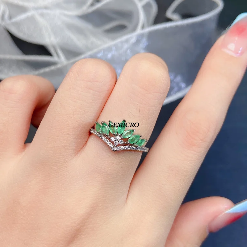 Gemicro Natural Emerald Ring for Women 925 Sterling Silver Marquisize 2X4mm Seven Pcs Stackable Crown Ring Band Ring Wedding