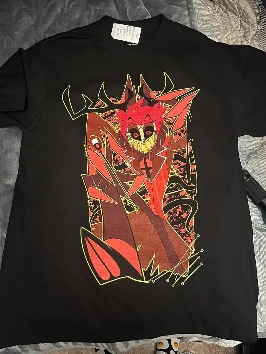 

Футболка унисекс с надписью «Let's Make A '» и изображением красного демона Аластора, 100% хлопок, повседневная, с коротким рукавом.