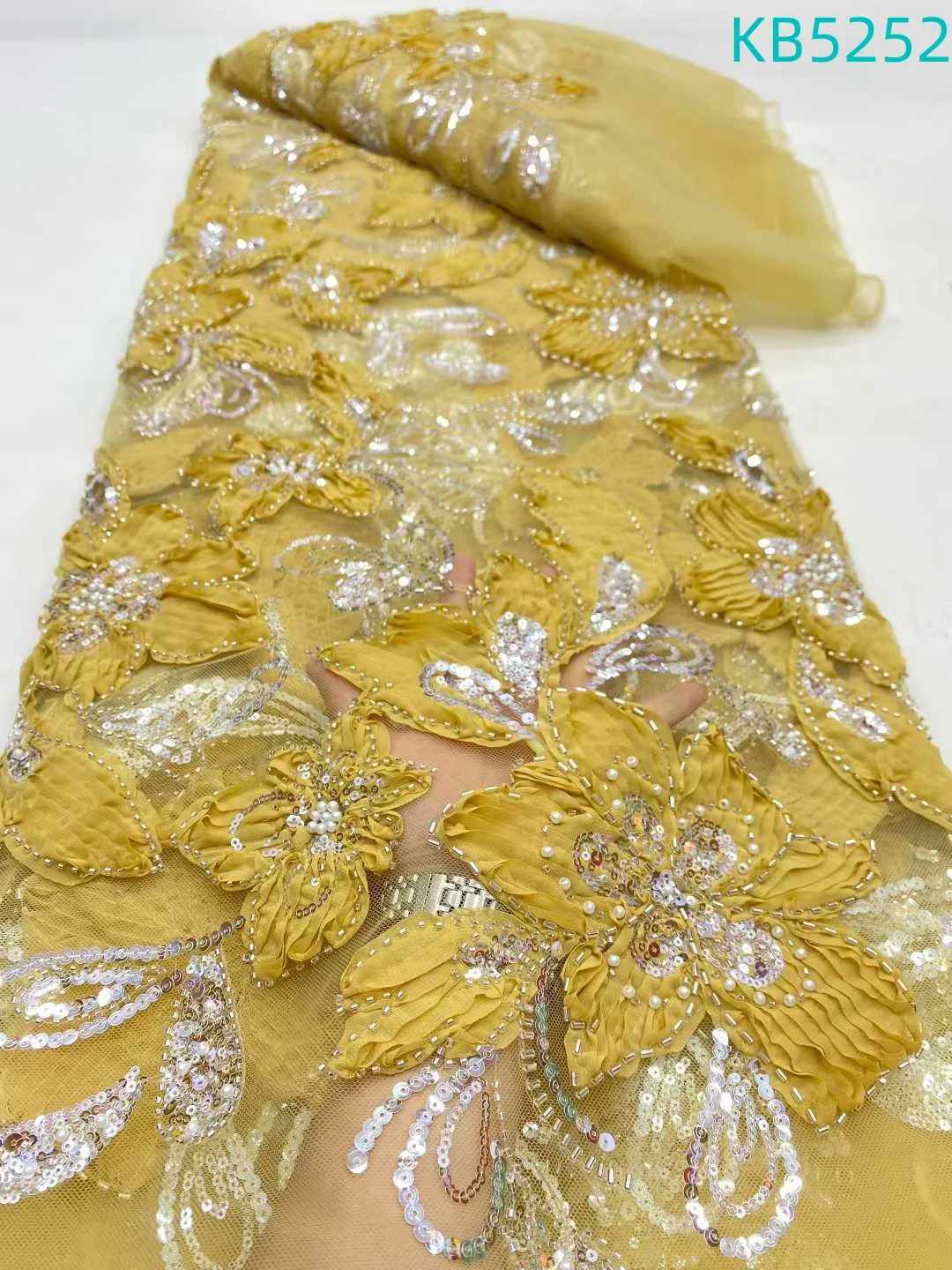 

Luxury African Fabric 5 Yards 3D Flower Lace Fabric Green Sequin Tulle Embroidered Lace Fabric With Sequence For Sewing KB5252