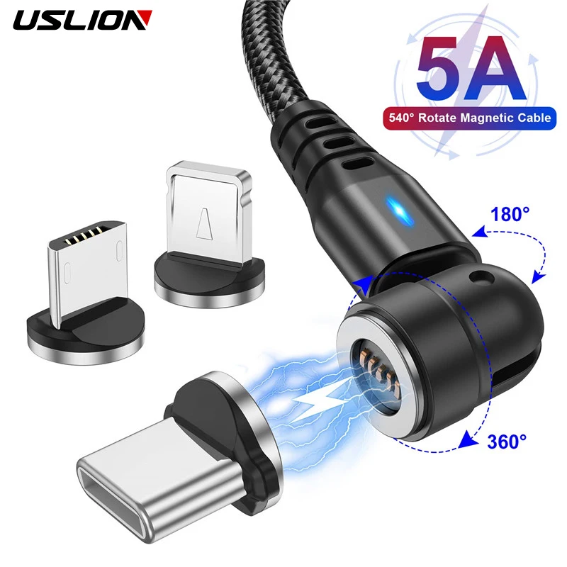 USLION 3 en 1 540 Cable magnético giratorio 5A Cable Micro USB tipo C de carga rápida para iPhone Xiaomi Cable cargador magnético Cable USB