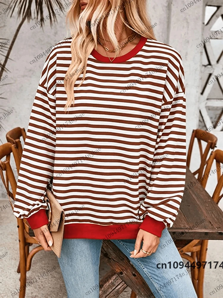 2026 Vintage Striped Color Block 3D Print Sweatshirt For Women Autumn Long Sleeve Round Neck Pullover Oversized Unisex Tops